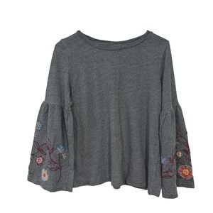 Gray Embroidered Bell Sleeve Knit Boho Top Womens Small Romantic Floral Blouse